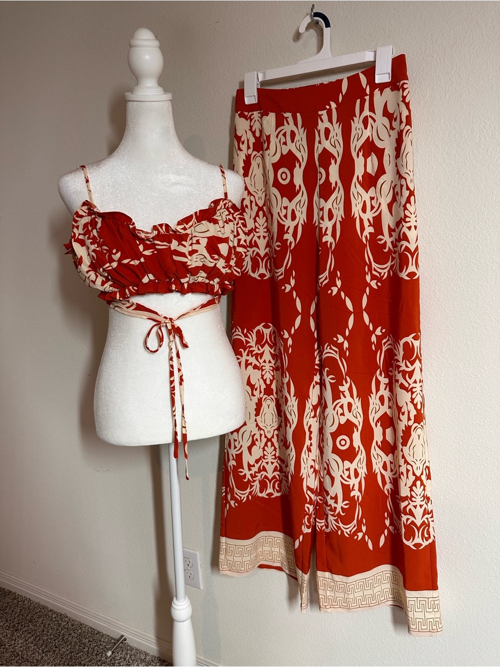 Fashion Nova Burnt Orange & Cream Printed Wide-Leg Pants and Crop Top Set NWT
